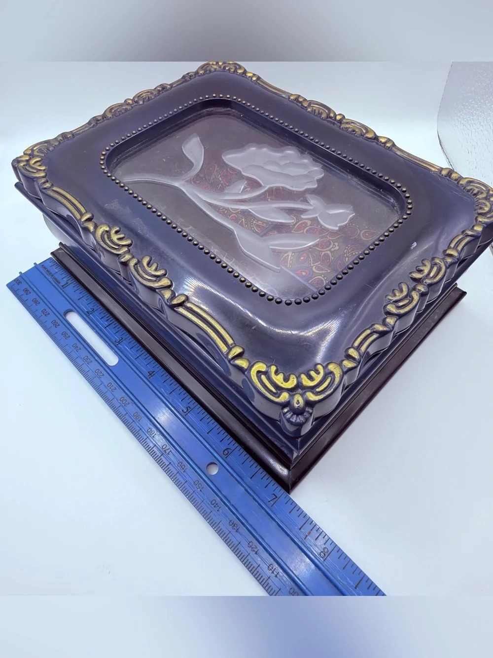 Vintage Blue Hard Plastic Jewelry Box Clear Plastic Flower Window Decor & Frame.